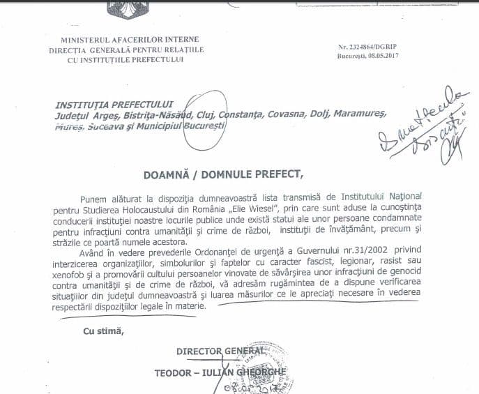 Adresa trimisă de directorul general Teodor Gheorghe din MAI către mai multe Prefecturi.