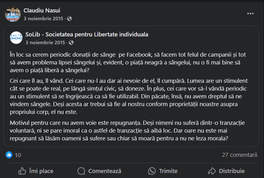 La scurt timp după tragedia de la Colectiv, Năsui și alți libertarieni filosofau despre „privatizarea sângelui”. Captură foto via Facebook