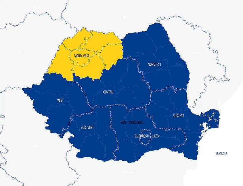 Harta județelor parte din Regiunea Nord-Vest. Foto: Ministerul Investițiilor și Proiectelor Europene