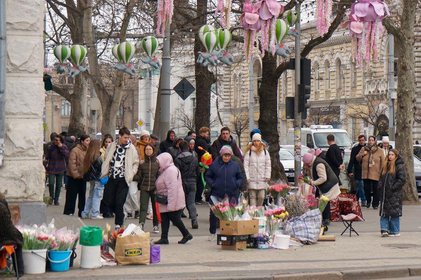 Pe străzile din Chișinău a venit primăvara doar la vânzătorii de flori. Foto: Carolina Drüten