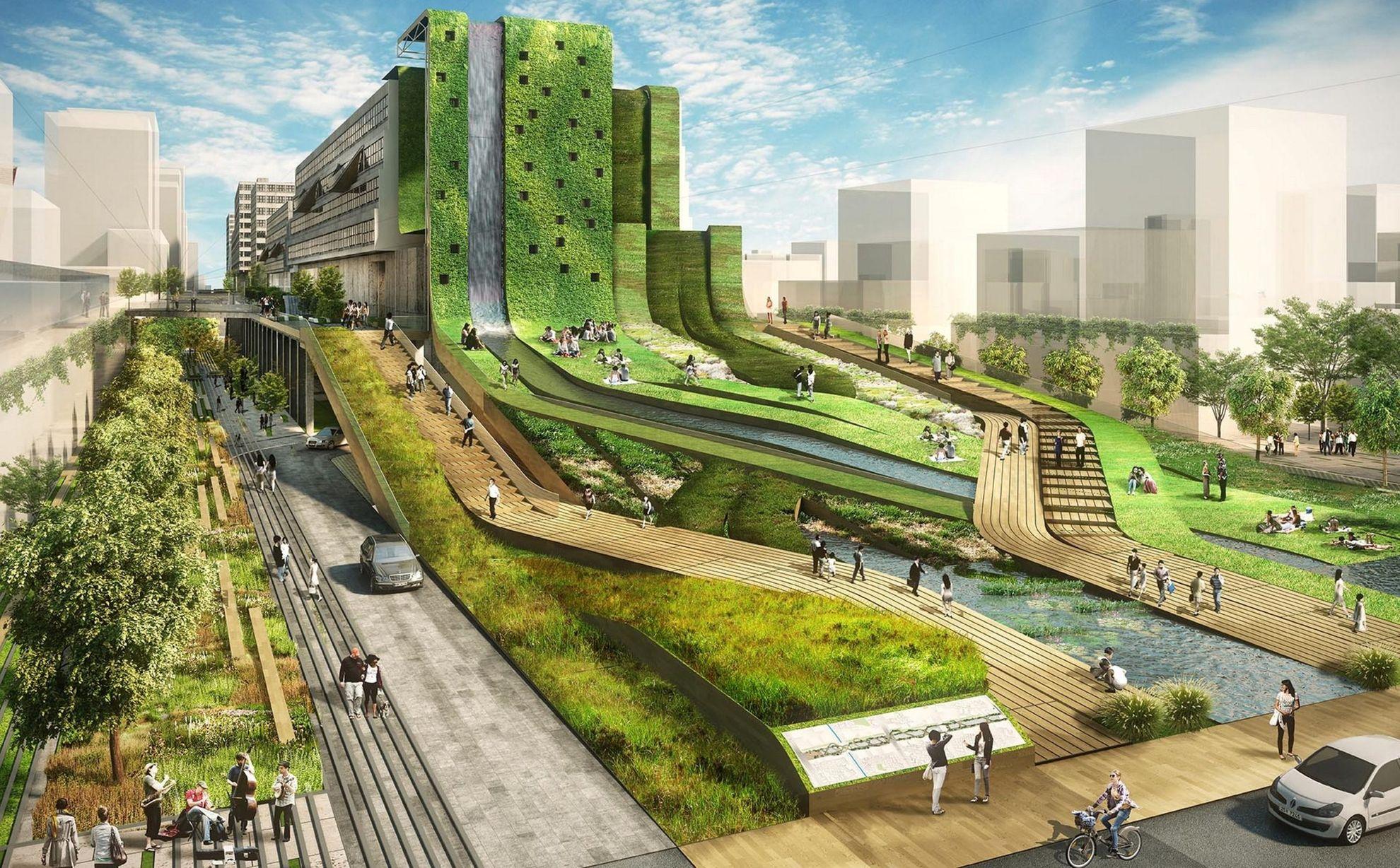 Cu o lățime maximă de 40 de metri, noua axă verde ar putea îngloba parcări subterane pentru riverani, piste de biciclete, parcuri, promenade și clădiri de utilitate publică, precum în acest proiect denumit Seun City Walk, creat de Avoid Obvious Architects pentru un oraș din Coreea de Sud.