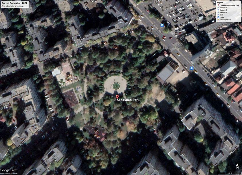 20 de ani mai târziu, pe suprafața Parcului Sebastian au apărut mai multe zone betonate și construcții care pot fi văzute din satelit. Foto: Google Earth 