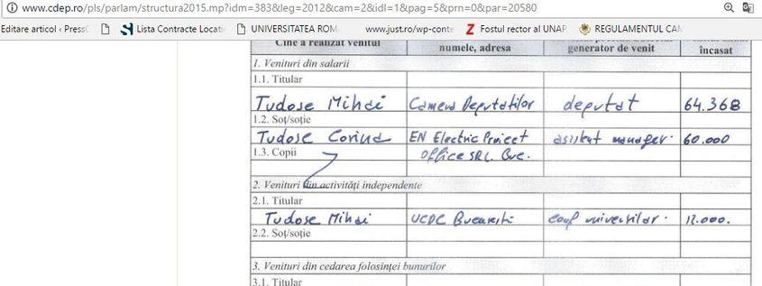 Declarația de avere din 2014 a lui Mihai Tudose arată că, în 2013, acesta a încasat 12.000 de lei de Universitatea Creștină „Dimitrie Cantemir”. Sursa: cdep.ro