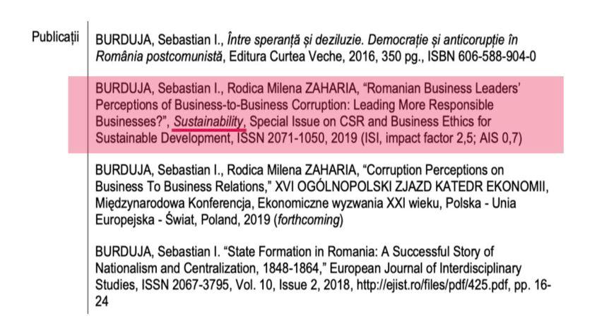 Fragment din lista de lucrări incluse în CV-ul oficial al lui Sebastian Burduja