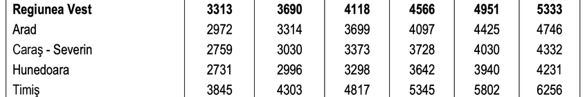 Posibila evoluție a salariului mediu net în județele din Regiunea Vest, conform datelor furnizate de Comisia Națională de Strategie și Prognoză în ianuarie 2023.