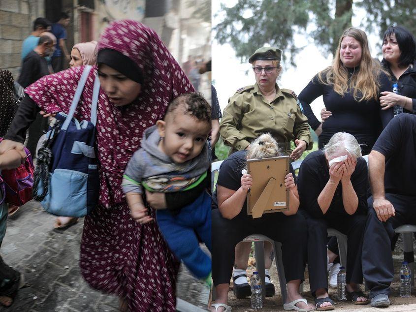 Foto: Fuga unei mame cu copii în Gaza, EPA/Mohammed Saber; Înmormântare Israel în urma atacurilor teroriste: EPA/Abir Sultan