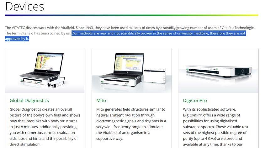 Compania producătoare spune că dispozitivele folosite de Gadola nu sunt fundamentate științific. Captură foto via vitatec.com