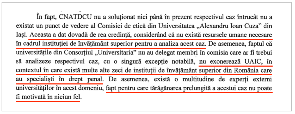 Fragment din documentul CEMU din 25.07.2019 în care este menționată „reaua credință” a universității ieșene în soluționarea „cazului Olaru”