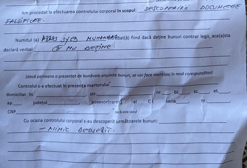 Pasaj din procesul-verbal întocmit de Poliția de Frontieră din Aeroportul Otopeni