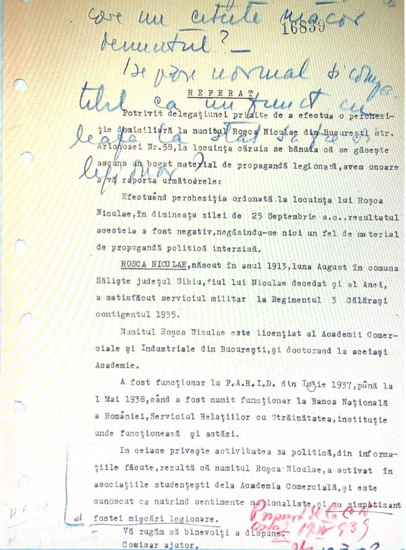 Filă din dosarul de urmărire deschis pe numele lui Nicolae Roșca. Din arhiva CNSAS.