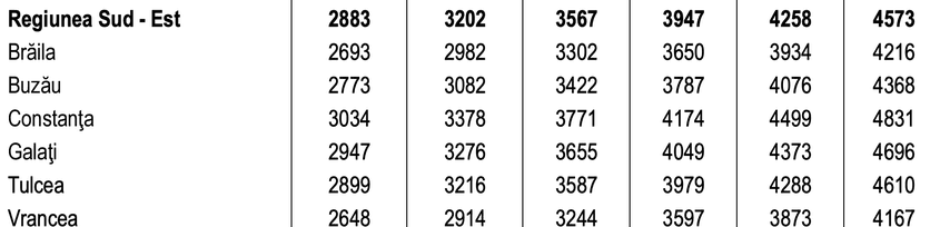 Posibila evoluție a salariului mediu net în județele din Regiunea Sud-Est, conform datelor furnizate de Comisia Națională de Strategie și Prognoză în ianuarie 2023.


