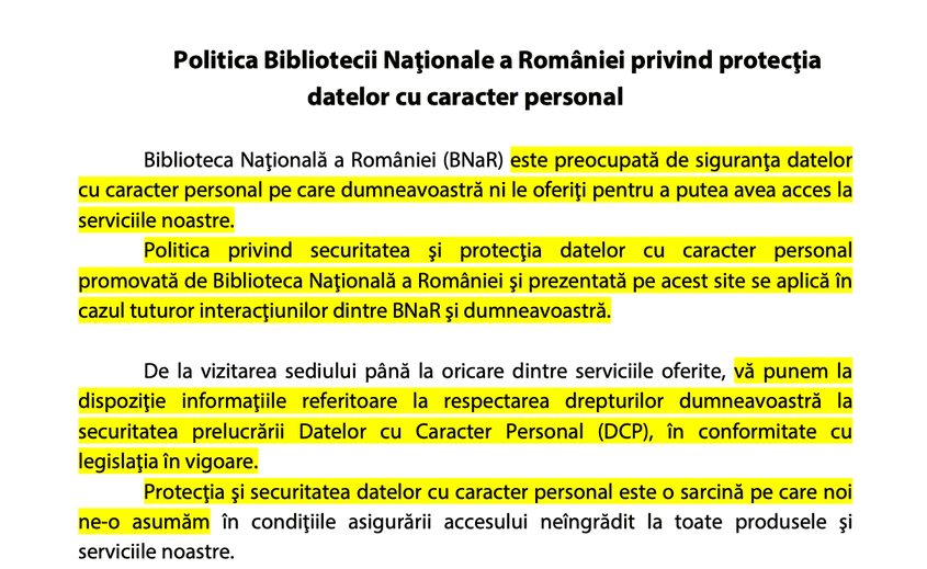 Introducerea documentului intitulat “Politica Bibliotecii Naţionale a României privind protecţia datelor cu caracter personal”, postat pe site-ul BNaR