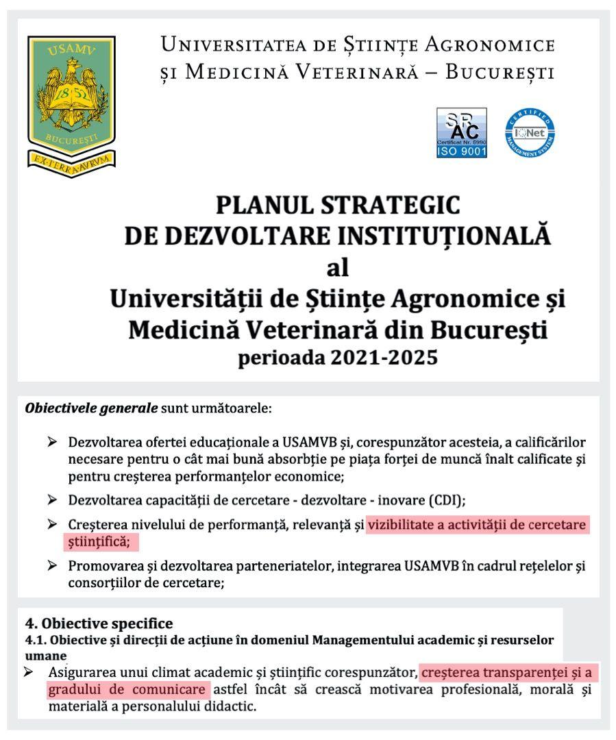 Documentul intitulat “Planul strategic de dezvoltare a USAMV București (2021-2025)” a fost adoptat sub conducerea rectorului interimar Răzvan Teodorescu. Sursa:<a target="_blank" href="https://www.usamv.ro/images/Documentele_Universitatii/2021/PLANUL_STRATEGIC_DE_DEZVOLTARE_INSTITUTIONALA_2021_2025.pdf"> usamv.ro</a> 