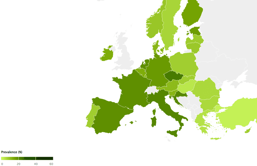 Prevalența consumului de canabis în Europa. Sursa: emcdda.europa.eu