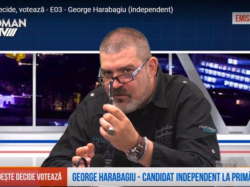 George Harabagiu, într-o emisiune tv din 2016, când a vrut să candideze independent la Primăria Roman. Sursa foto: captură Youtube.