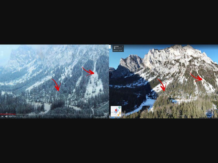 În stânga am folosit o imagine din clipul lui Georgescu, iar în dreapta e o fotografie a munților din jurul unui lac austriac. Deși perspectivele sunt diferite, e limpede că vorbim despre același loc FOTO montaj