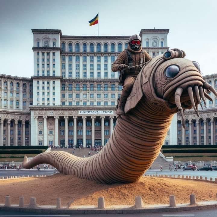 Imagine generată cu AI în care scenariul ficțional din Dune devine realitate, în fața Palatului Parlamentului