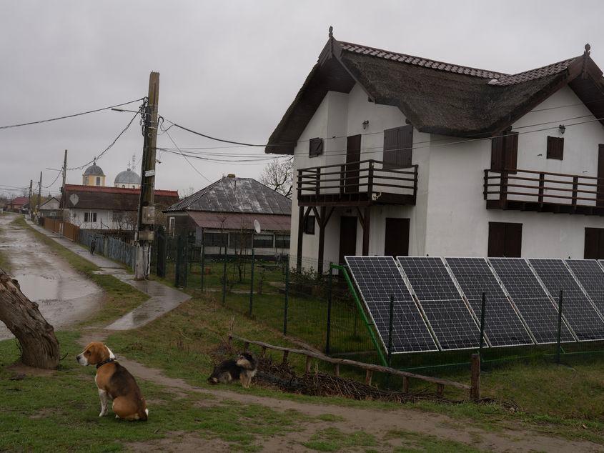 One of the main streets of Sfântu Gheorghe, Danube Delta. The commune's mayor, Valentin Sidorencu, once wanted to build a photovoltaic panel park on a pasture 7 km from the village, where there was nothing. The authorities banned this on the grounds that it would change the image of the Danube Delta. But they allowed the billboards to be placed on houses. Photo: Andreea Câmpeanu
