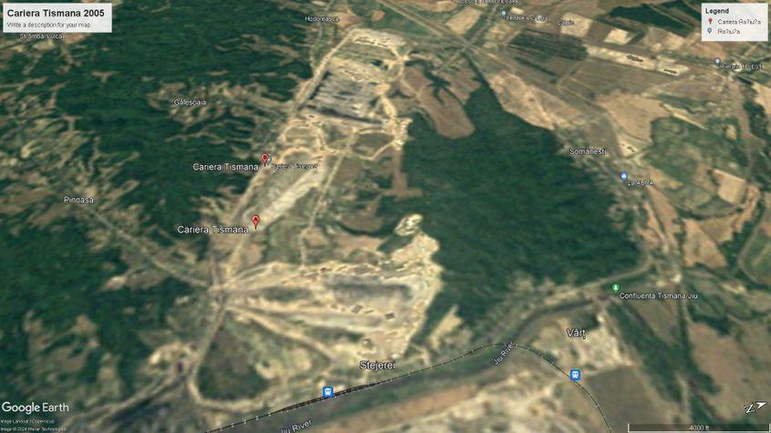 Cariera Tismana a fost deschisă în 1978. Așa arăta perimetrul minier în 2005, conform imaginilor Google Earth