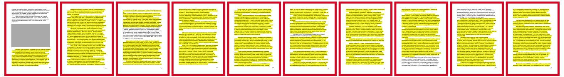 Example of massive plagiarism in Mircea Geoană's thesis. The yellow marks represent plagiarized content from pages 116-125.