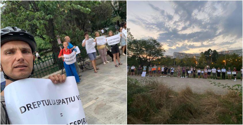 Proteste pentru dreptul la spațiu verde. Foto: Oleg Brega (stânga). Lanț uman în parcul IOR. Foto: Mihaela Cîrjan (dreapta)