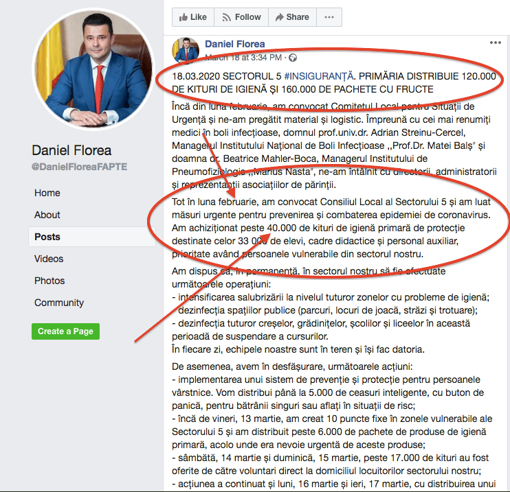 Daniel Florea anunță și pe 18 martie că acțiunea de împărțire a pachetelor va continua. În plus, locuitorii Sectorului 5 vor primi și 160.000 de pachete cu fructe. Sursă: Facebook/Daniel Florea