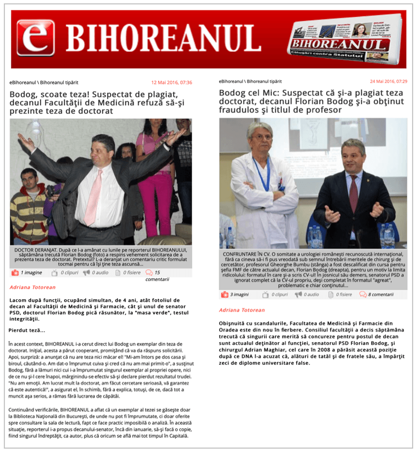 Bihoreanul a scris, în 2016, mai multe articole despre celălalt doctorat al lui Bodog – cel în Științe Medicale – și despre felul în care și-a obținut titlul de profesor. Bodog era pe-atunci, simultan, decan al Facultății de Medicină și Farmacie din Oradea și senator PSD.