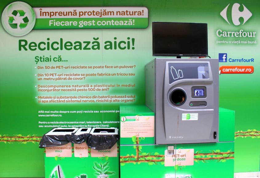 Un sistem de returnare pentru reciclare privat, implementat de Carrefour Băneasa, București. © Lenutaidi | <a target="_blank" href="https://www.dreamstime.com" target="_blank" rel="noreferrer noopener">Dreamstime.com</a> 