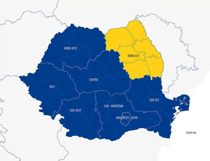 Harta județelor parte din Regiunea Nord-Est. Foto: Ministerul Investițiilor și Proiectelor Europene