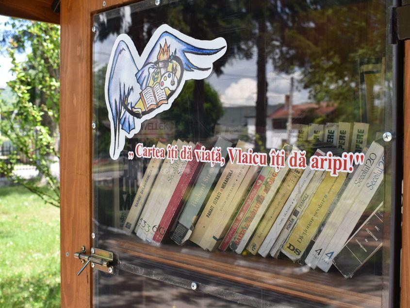 Una dintre căsuțele cu cărți amplasate de elevi în localitate se află în fața liceului. Foto: Lavinia Niță / PressOne