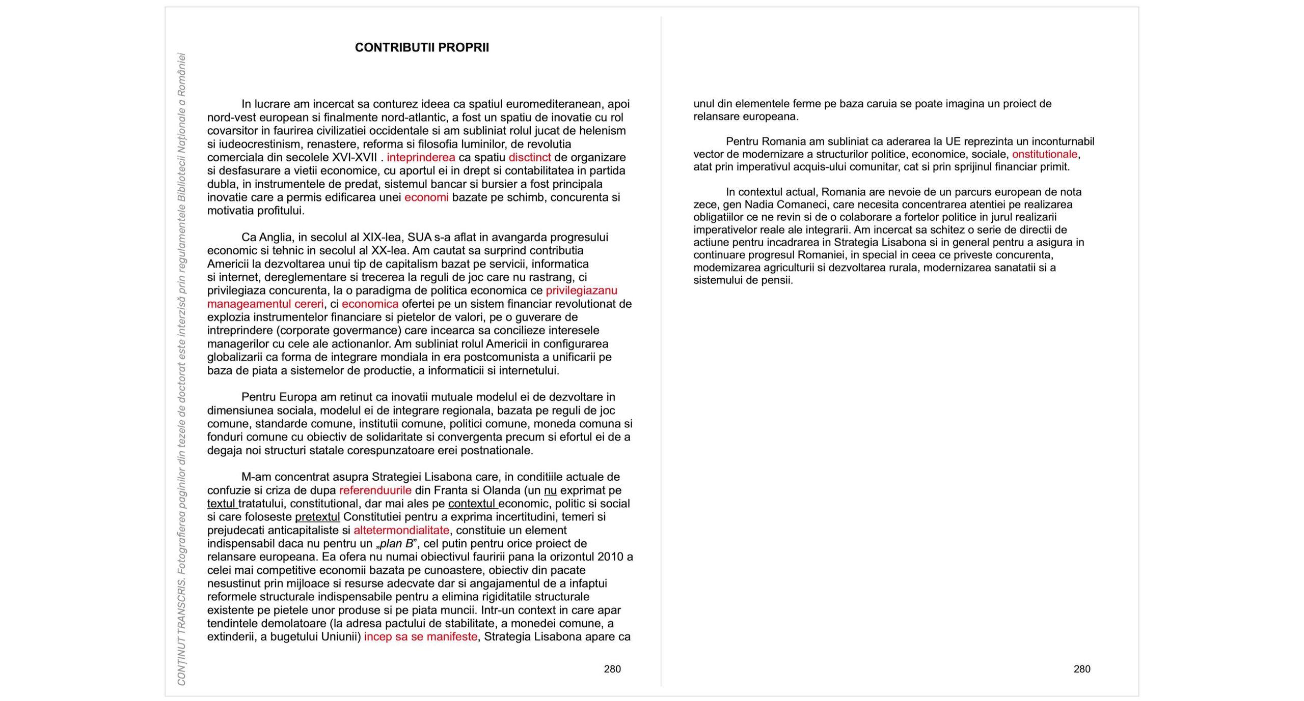 The two pages titled "OWN CONTRIBUTIONS" from Mircea Geoană's doctoral thesis (pp. 280-281). The regulations of the National Library of Romania do not allow photographing pages from doctoral theses, and the content in the image is transcribed exactly as in the original (lack of diacritics and spelling errors, marked in red by <strong>PressOne</strong>, belong to the author).