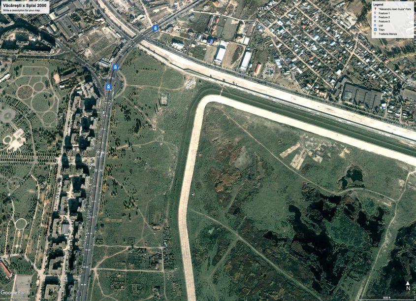 În 2000, pe porțiunea de spațiu verde delimitată de Calea Văcărești și Splaiul Unirii nu era construit nimic. Foto: Google Earth 