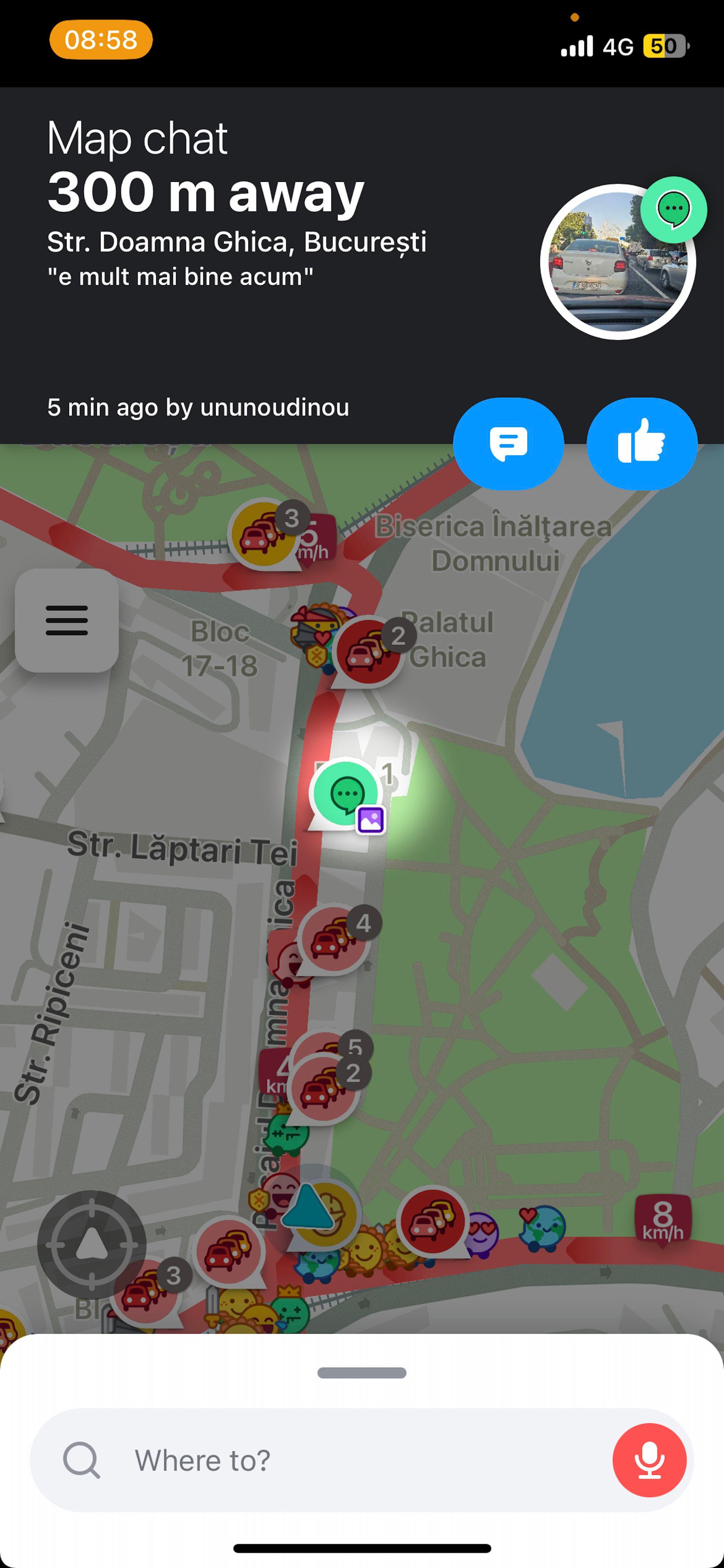 „E mult mai bine acum” este mesajul ironic pe care un utilizator de Waze l-a lăsat în aplicație, în timp ce aștepta în coadă pe podul de la Doamna Ghica. Foto: captură Waze