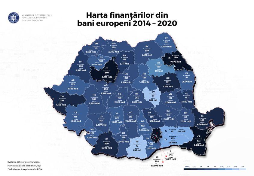 Harta finanțărilor europene atrase de România în perioada 2014-2020 Foto: Ministerul Investițiilor și Proiectelor Europene 