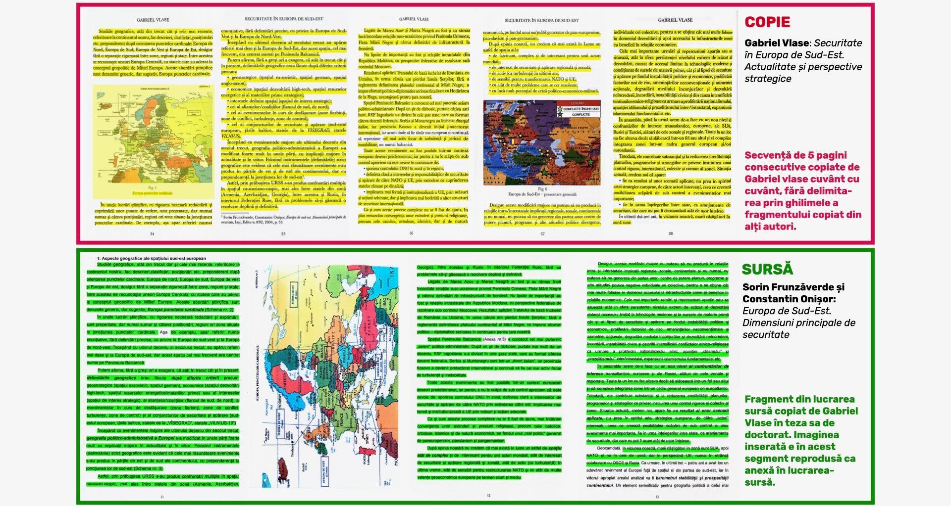 În imagine, o secvență de cinci pagini consecutive copiate integral de Gabriel Vlase din teza lui Sorin Frunzăverde. Cel mai lung segment plagiat de Vlase numără 16 pagini consecutive