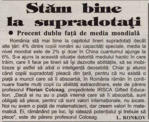 Copiii români sunt printre cei mai inteligenți din lume, crede Colceag. Captură din publicația Agenda (2009) via arcanum.com