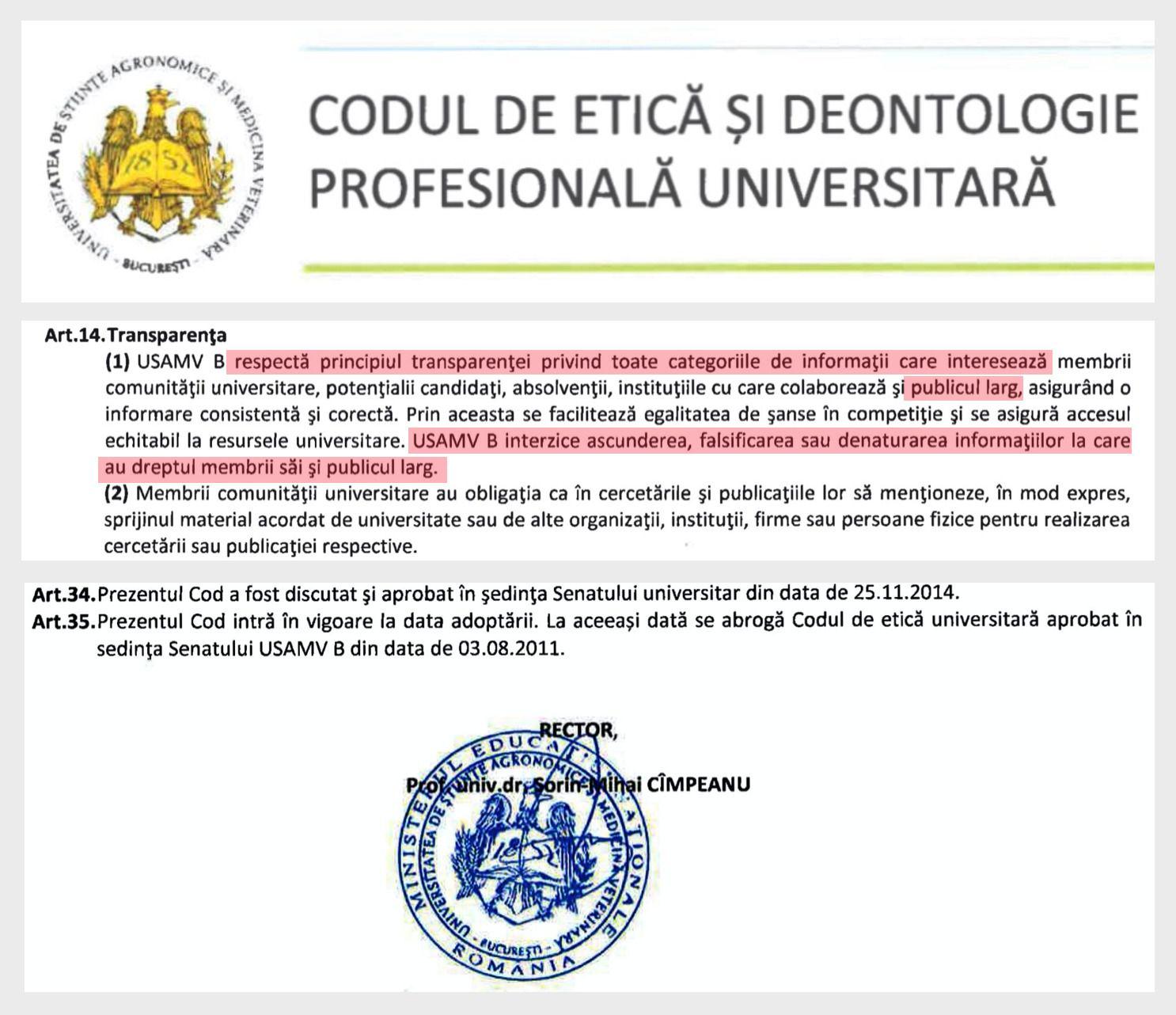 Codul etic al USAMV București, intrat în vigoare în 2014, interzice cadrelor universitare să ascundă informații de interes pentru publicul larg. Sursa:<a target="_blank" href="https://www.usamv.ro/images/Documentele_Universitatii/cod-etic-deont-prof-univ.pdf"> usamv.ro</a>.