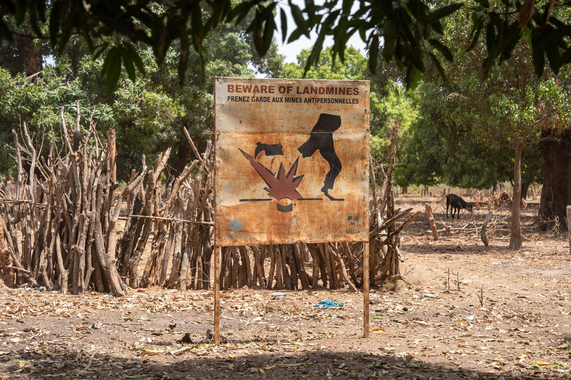 De-a lungul graniței dintre Senegal si Gambia, semne ce avertizează trecătorul de pericolul minelor plantate în Casamance, unde guvernul senegalez și rebelii MCDF lupta de 40 de ani. Foto: Andrei Popoviciu