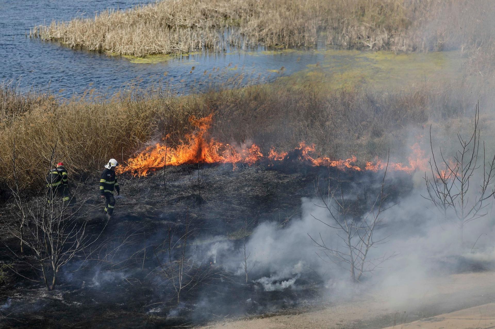 Pompieri intervin pentru stingerea unui incendiu de vegetație apărut in Delta Văcărești, în București, 5 aprilie 2022. Inquam Photos / George Calin