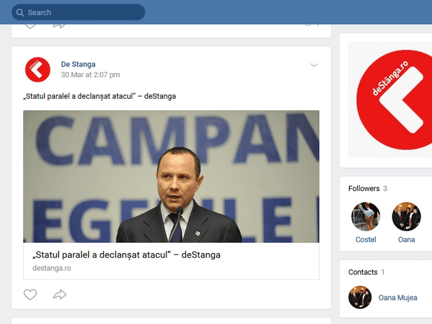 Printscreen cu pagina DeStanga de pe rețeaua rusească VKontakte.