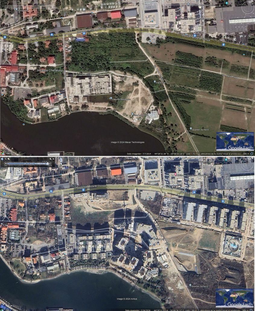 În zona de Nord a Capitalei, hectare întregi de spațiu verde au fost distruse din cauza intereselor imobiliare. Capturi foto via Google Earth