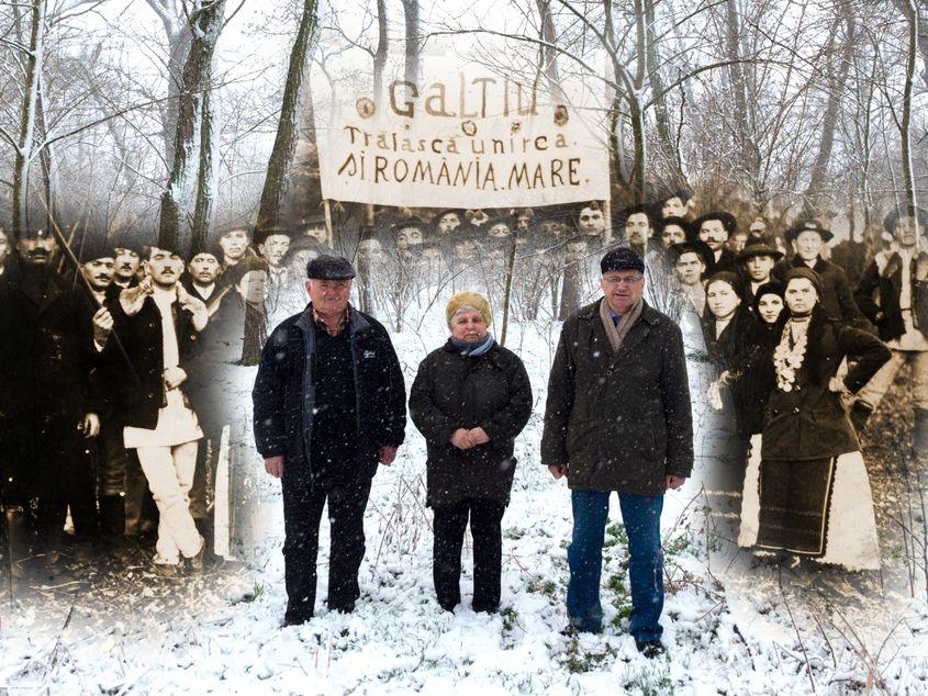 Trei dintre urmaşii celor de la 1918, Eugen Popa, Maria Baidac şi Radu Mârza. Fotografia de fundal: Samuilă Mârza. Fotografia din prezent: Raul Ștef. Montaj: Cosmin Creț