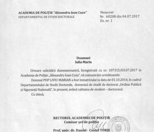 Răspunsul la solicitarea PressOne semnat de rectorul Academiei de Poliţie.