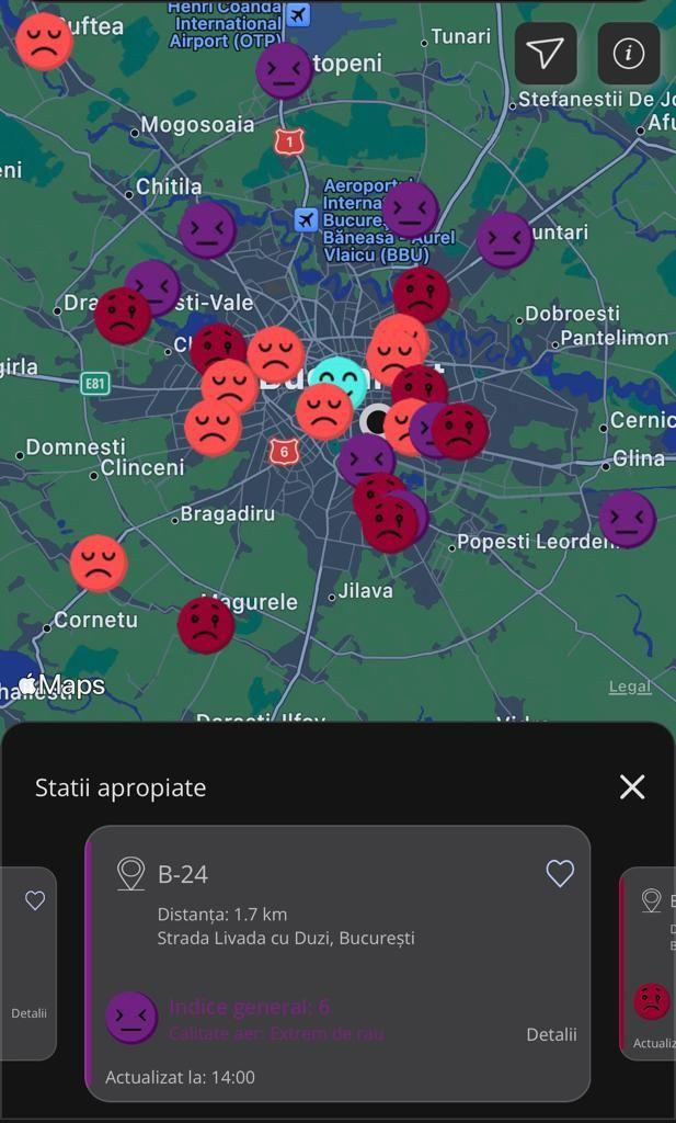 Potrivit rețelei naționale de monitorizare a calității aerului, luni, 1 ianuarie 2024, majoritatea stațiilor din București înregistrau un aer toxic. Foto: captură calitateaer.ro