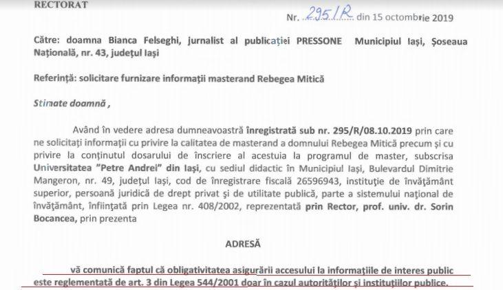 Fragment din răspunsul primit de la Universitatea "Petre Andrei" din Iași