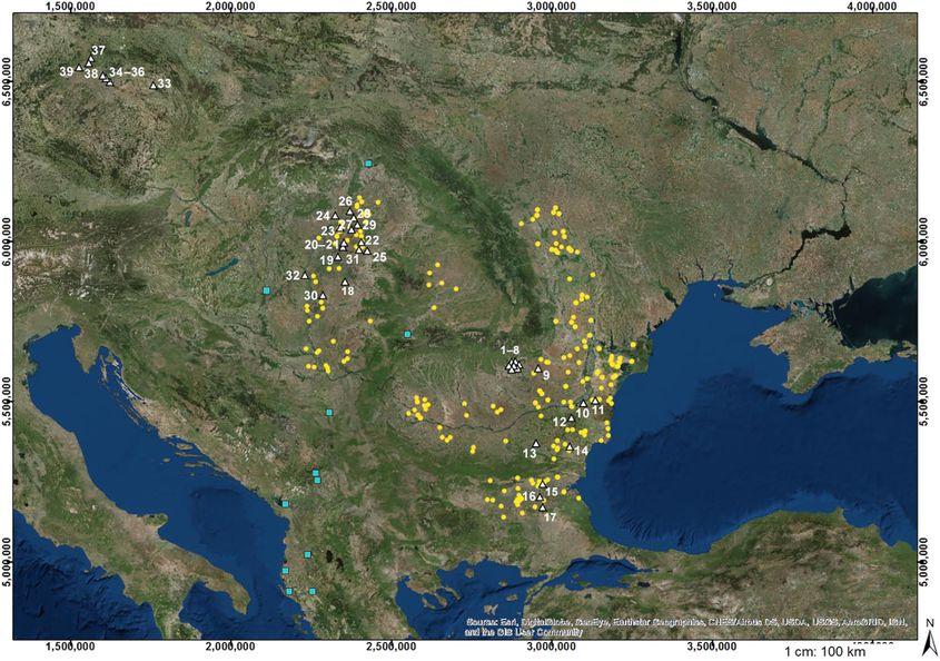 Foto: Distribuția celor 217 de indivizi din 39 de situri arheologice din România, Ungaria și Bulgaria, folosite în studiul Primii călăreți. SURSA: revista <a target="_blank" href="https://www.science.org/doi/10.1126/sciadv.ade2451" target="_blank" rel="noreferrer noopener">Science</a>.