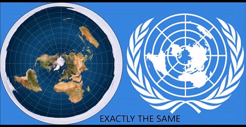 În imaginea din stânga, reprezentarea „Pământului plat”, în viziunea celor care cred că așa arată planeta noastră. În dreapta, steagul Națiunilor Unite.