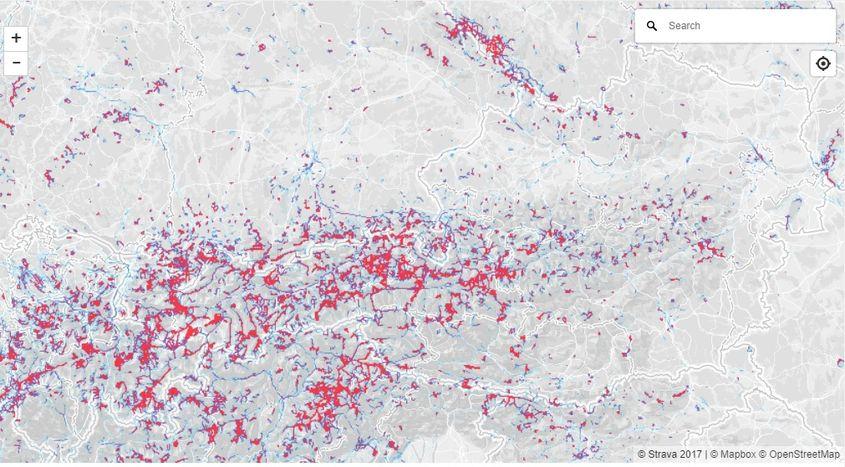 Localizările utilizatorilor de Strava care practică sporturi de iarnă în zona Austriei și a Alpilor.