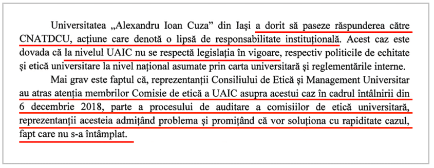 Fragment din documentul CEMU din 25.07.2019 din care reiese că în decembrie 2018, după ce a fost auditată, Comisia de Etică a UAIC – condusă de conf. univ. Ovidiu Gavrilovici – s-a angajat să soluționeze „cu rapiditate” cazul Olaru/Toader