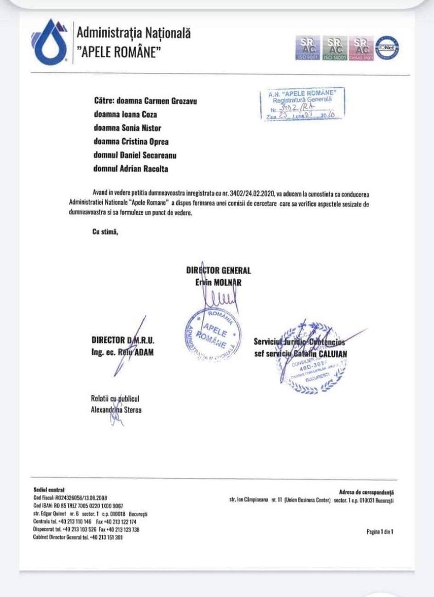 Răspunsul la petiția formulată de Carmen Grozavu și colegii ei, în februarie 2020, în care aceștia cereau să se revină asupra deciziei demiterii Florinei Rus. Răspunsul conține semnătura lui Ervin Molnar. 
